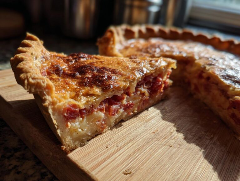 A close-up of a slice of southern tomato pie on a wooden cutting board, showing the flaky crust and tomato filling.