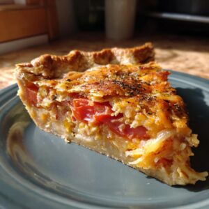 A delicious slice of southern tomato pie on a gray plate, showcasing fresh tomatoes and cheesy filling.