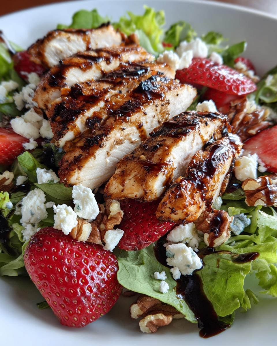 A close-up of a refreshing Strawberry Chicken Salad with grilled chicken, fresh strawberries, feta cheese, and walnuts.