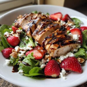 A vibrant Strawberry Chicken Salad featuring grilled chicken, fresh strawberries, crumbled feta, and walnuts on a bed of lettuce.