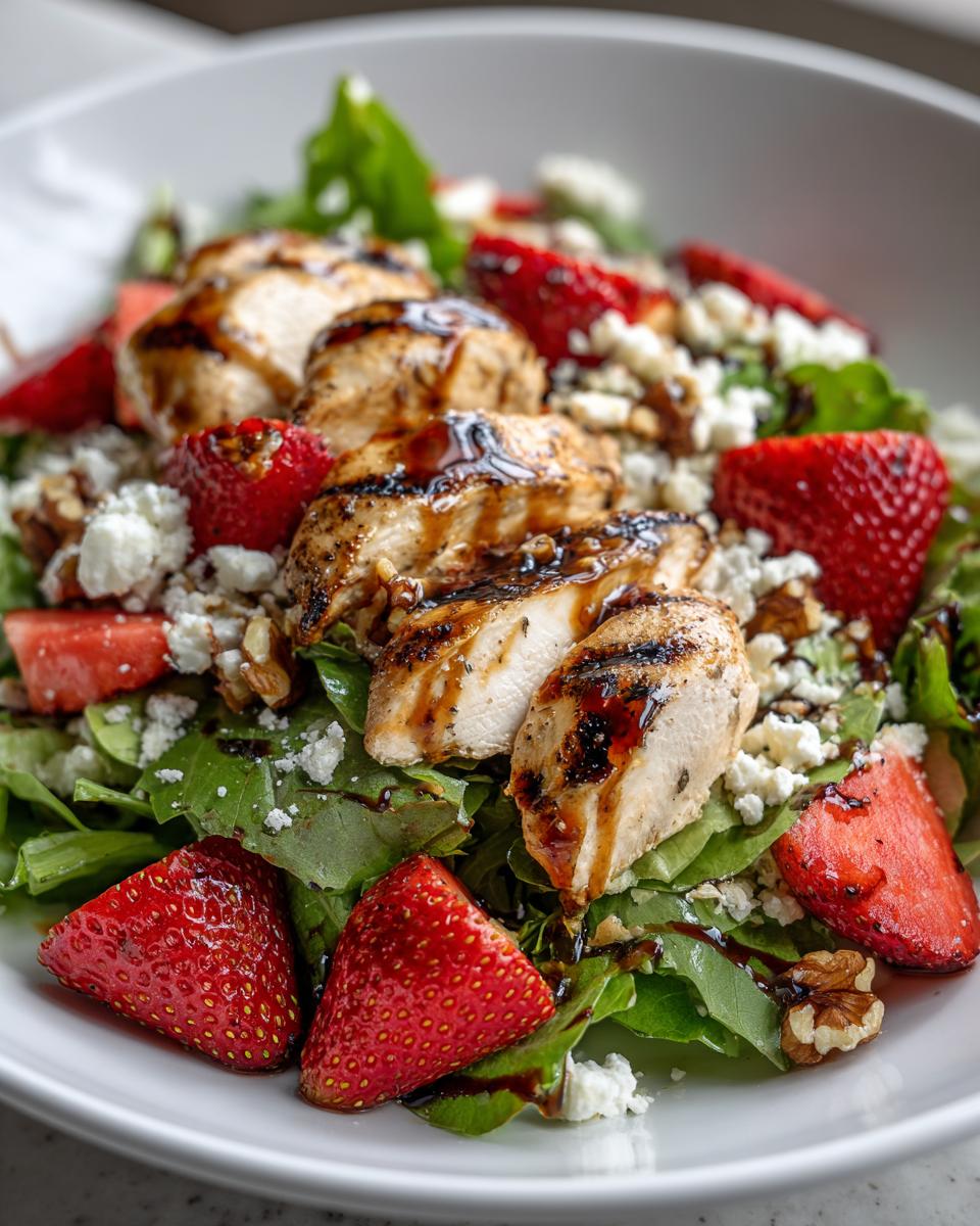 A refreshing Strawberry Chicken Salad topped with grilled chicken, feta cheese, walnuts, and balsamic glaze.