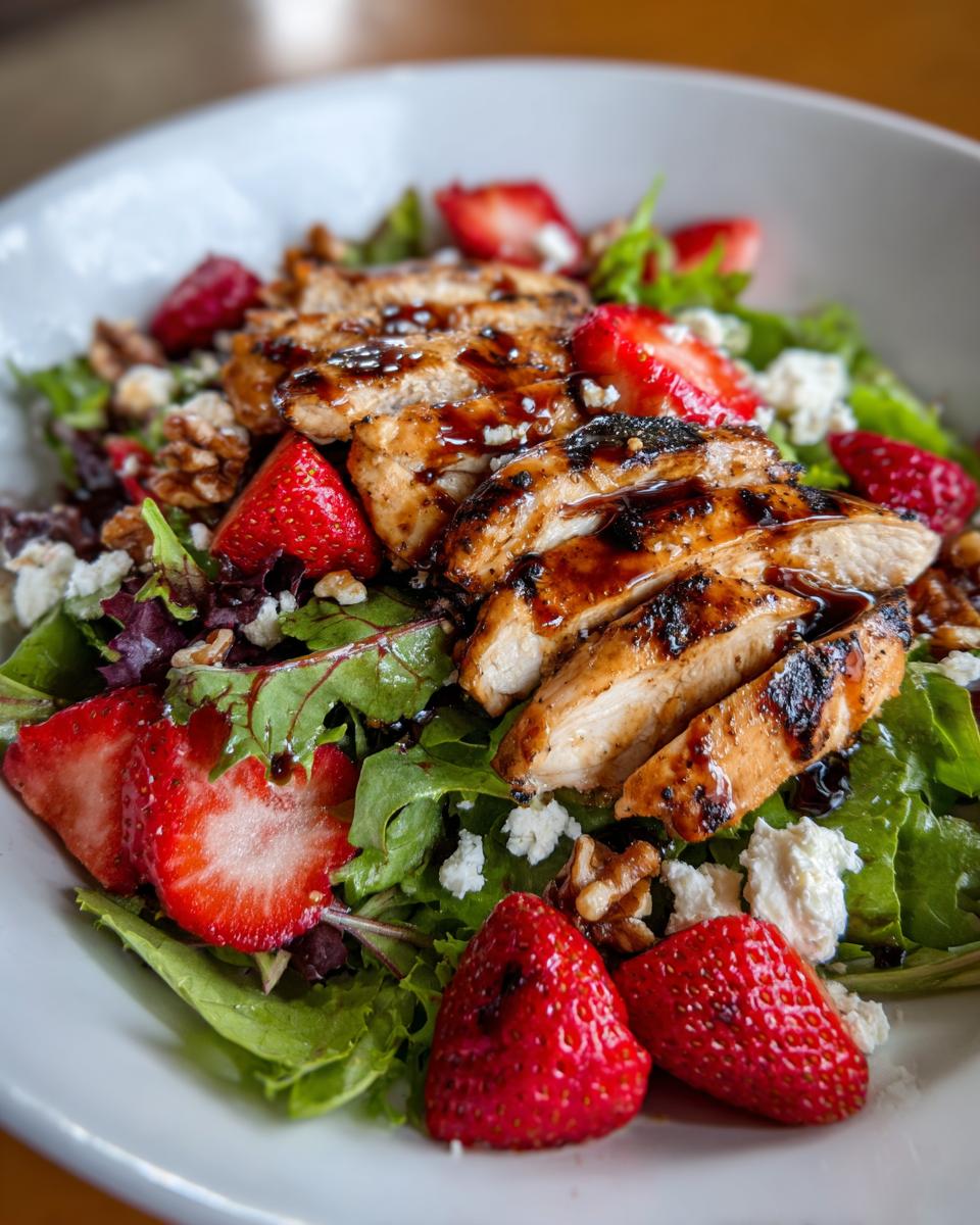 A refreshing Strawberry Chicken Salad featuring grilled chicken slices, fresh strawberries, crumbled feta cheese, and walnuts on a bed of mixed greens.