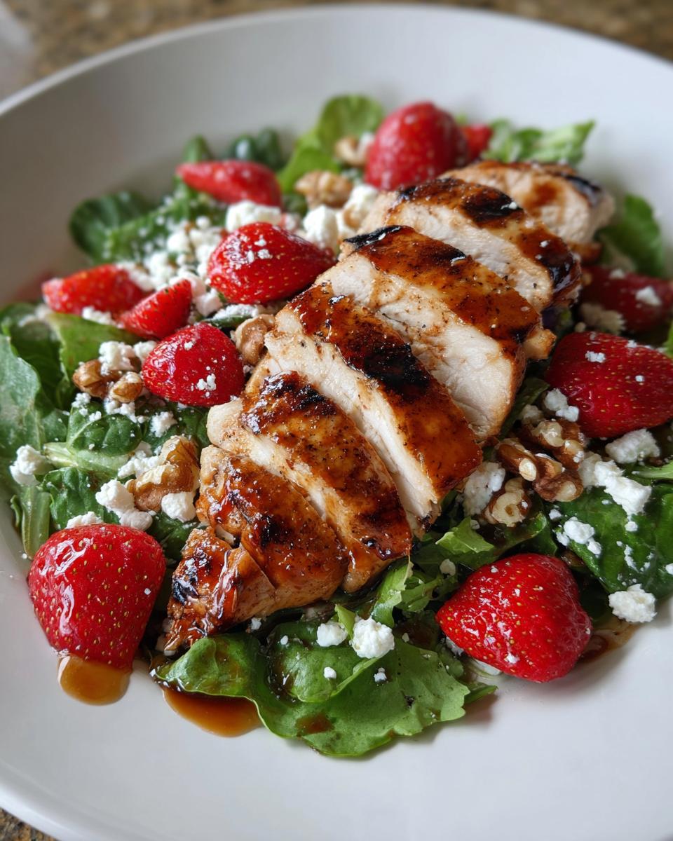 A refreshing Strawberry Chicken Salad featuring grilled chicken breast slices, fresh strawberries, feta cheese, and walnuts on a bed of greens.