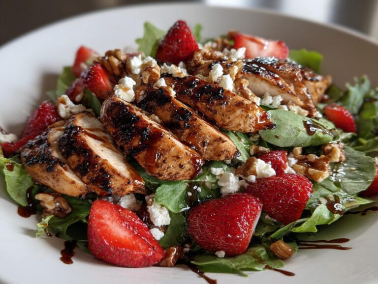 A refreshing Strawberry Chicken Salad featuring grilled chicken slices, fresh strawberries, crumbled feta cheese, and walnuts on a bed of greens.