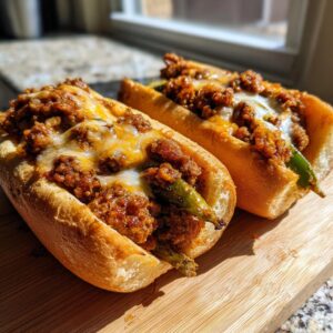Two golden-brown buns filled with savory ground meat and melted cheese, showcasing stuffed banana peppers.
