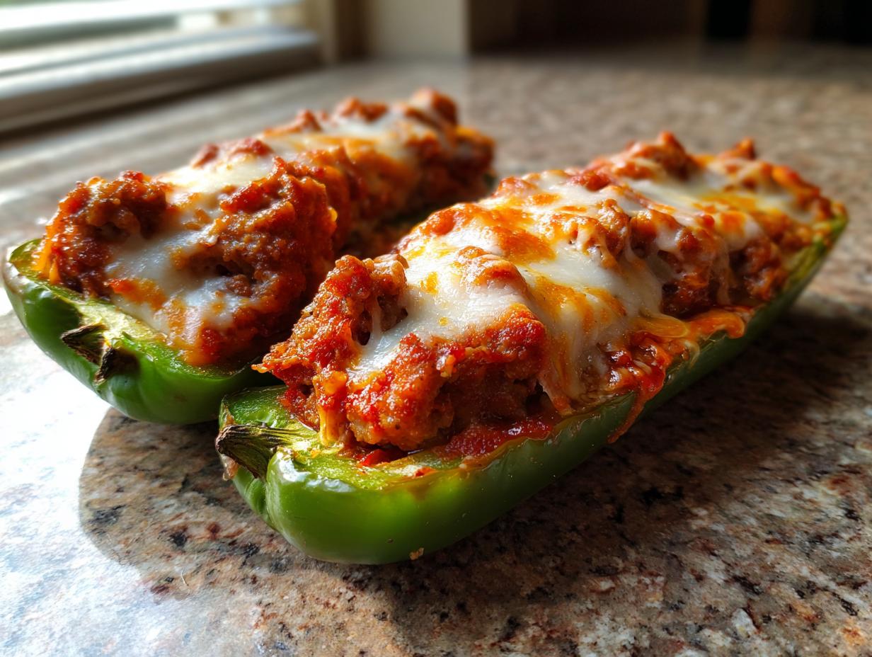 Close-up of two green stuffed banana peppers filled with a savory meat mixture and topped with melted mozzarella cheese.