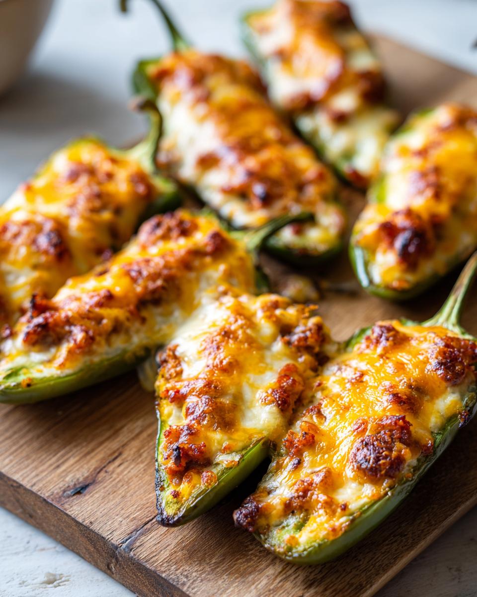 A close-up of several golden-brown stuffed banana peppers topped with melted cheese, arranged on a wooden board.