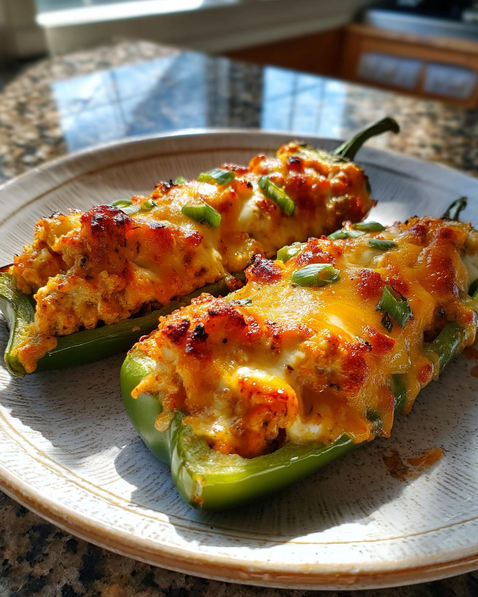Close-up of three golden-brown stuffed banana peppers topped with melted cheese and green onions.