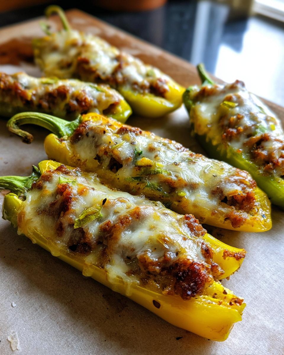 Close-up of delicious stuffed banana peppers with melted cheese and a savory filling.
