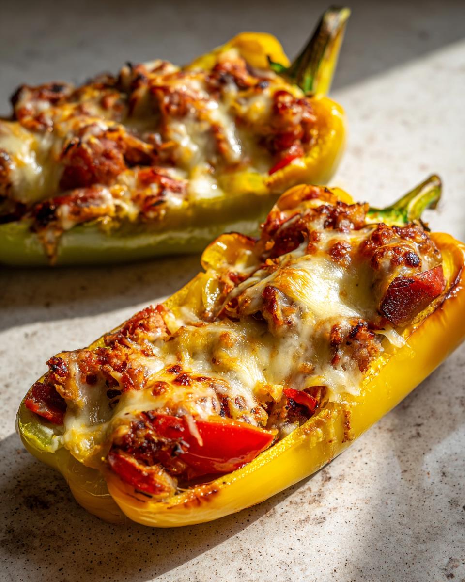 Close-up of two golden-brown stuffed banana peppers, generously topped with melted, bubbly cheese.