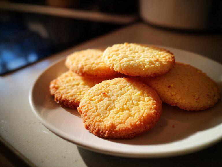 A close-up of golden-brown Swedish butter cookies stacked on a white plate, bathed in warm sunlight.