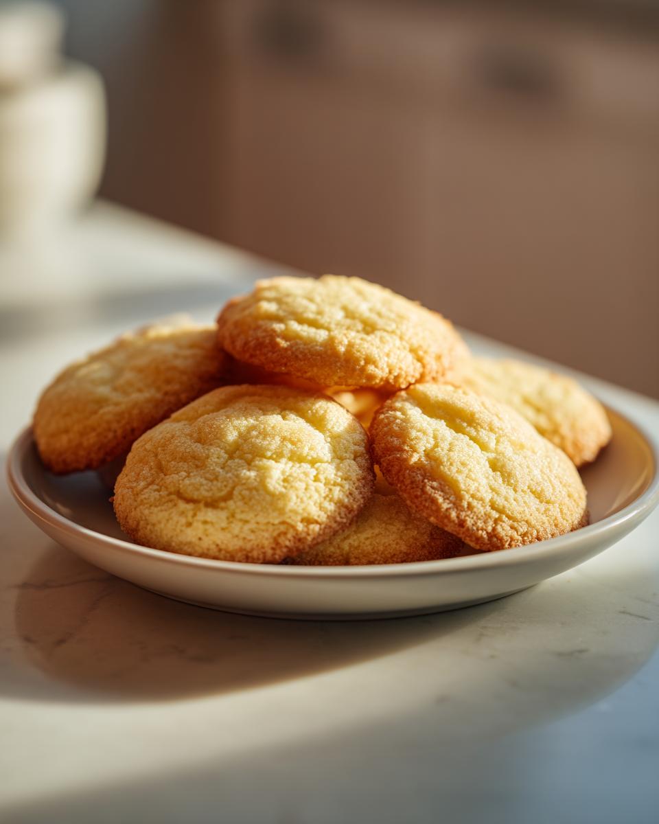 A close-up of a stack of golden-brown Swedish butter cookies on a light grey plate.