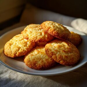 A close-up of a pile of golden-brown Swedish butter cookies on a white plate, bathed in soft light.