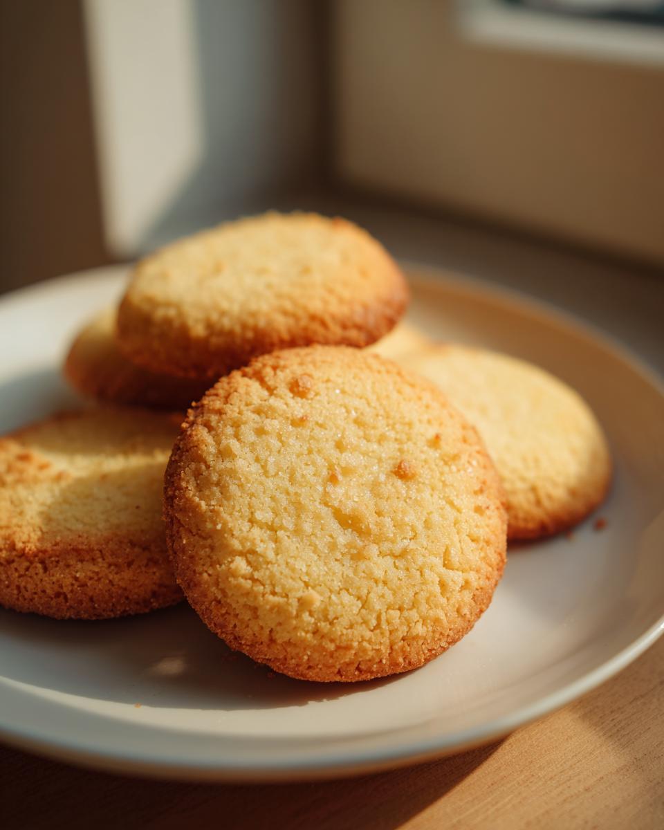 A close-up of several golden-brown Swedish butter cookies stacked on a white plate, with soft lighting.