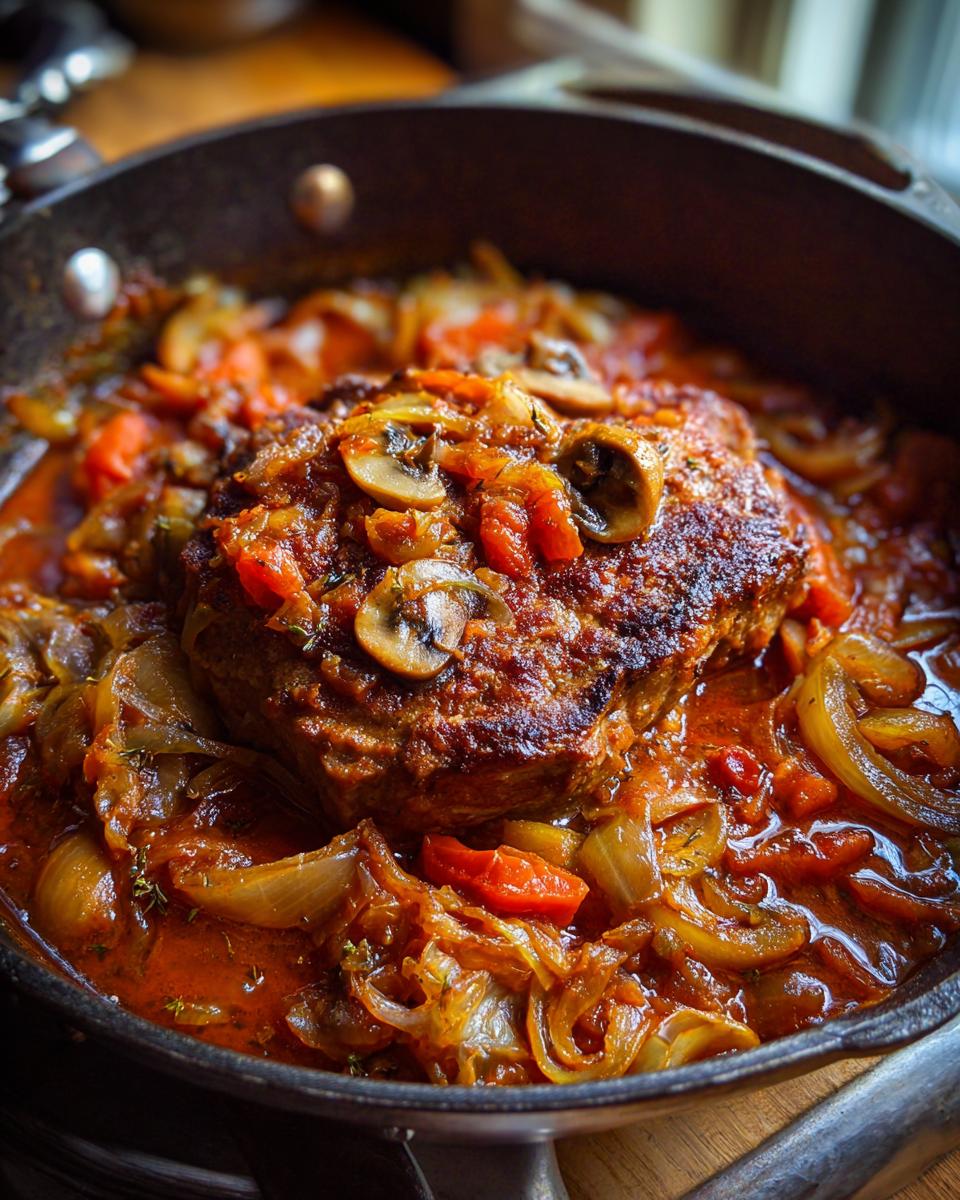 Close-up of a tender Swiss Steak braised in a rich tomato and vegetable gravy with mushrooms and onions.
