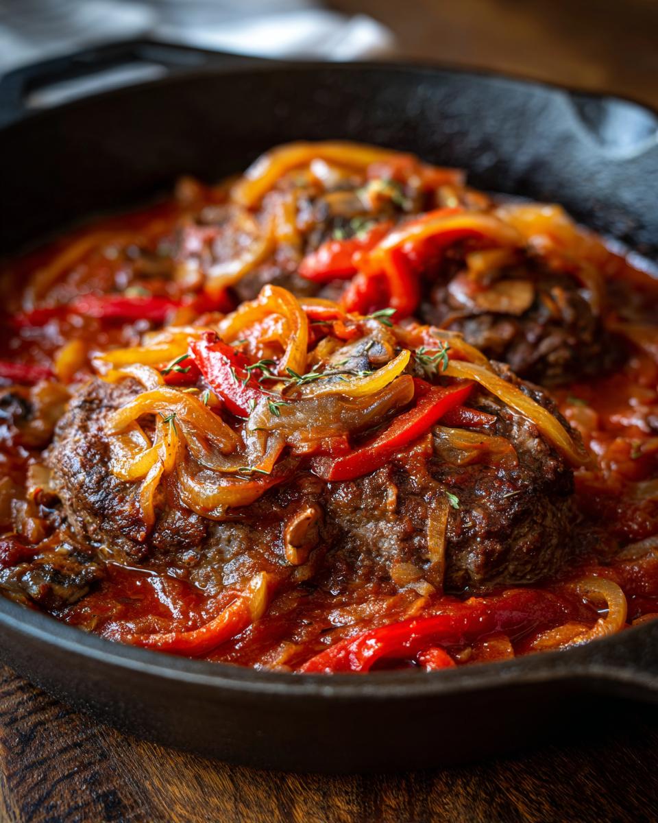 Close-up of tender Swiss Steak smothered in a rich tomato sauce with sautéed peppers and onions.