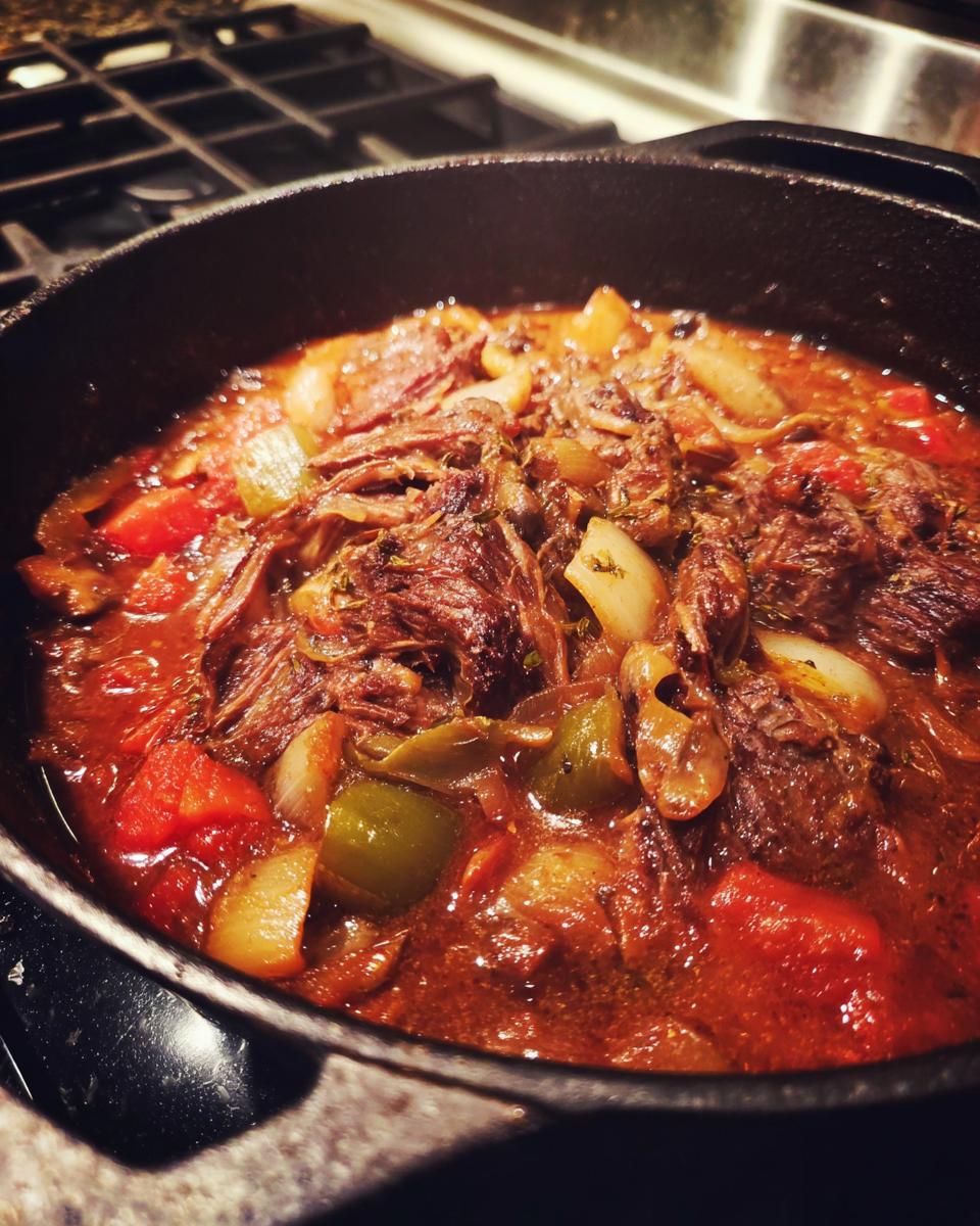 Close-up of tender Swiss Steak pieces in a rich tomato-based sauce with onions and peppers.