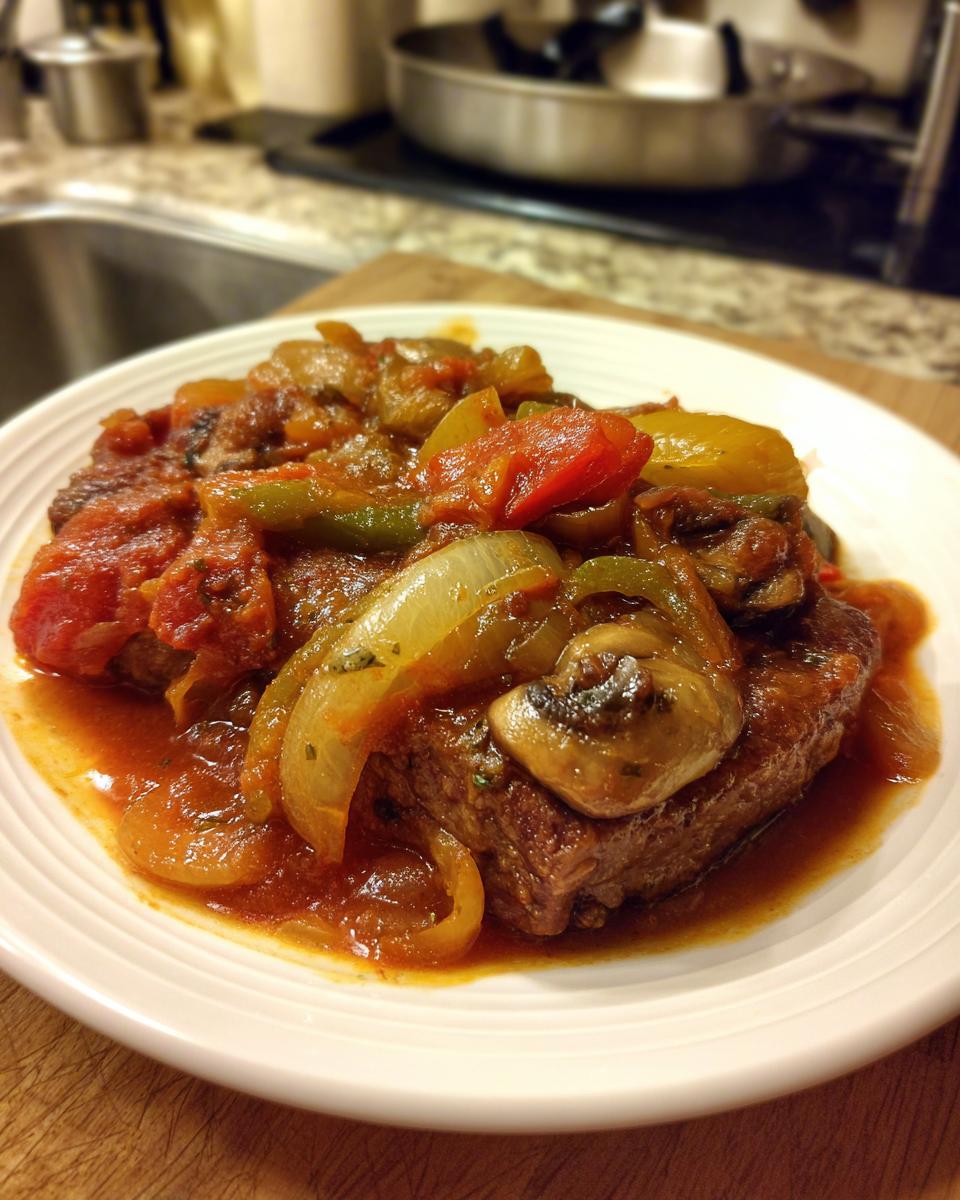 A hearty plate of Swiss Steak topped with a rich tomato-based sauce, onions, green peppers, and mushrooms.
