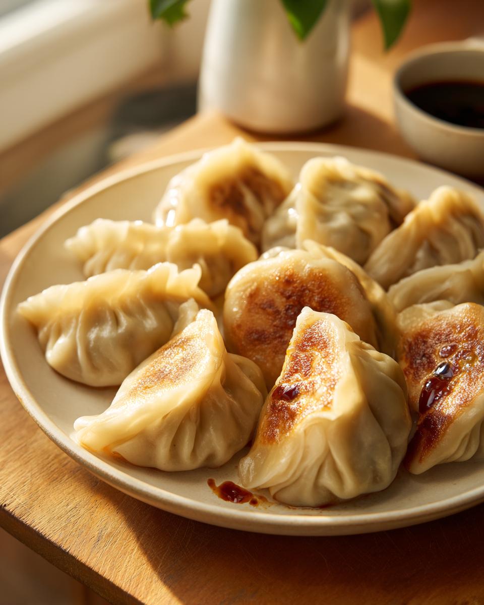 A plate of golden-brown pan-fried Traditional Chinese Dumplings with soy sauce.