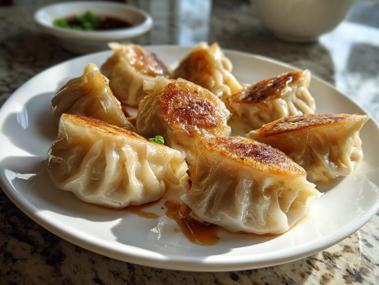 A plate of golden-brown pan-fried Traditional Chinese Dumplings, glistening with sauce.