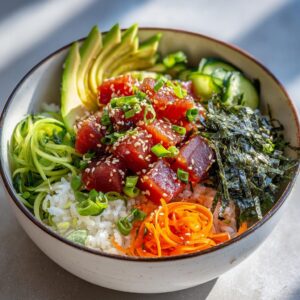 A vibrant Tuna Poke Bowl featuring marinated tuna cubes, sliced avocado, cucumber ribbons, shredded carrots, and nori strips over rice.