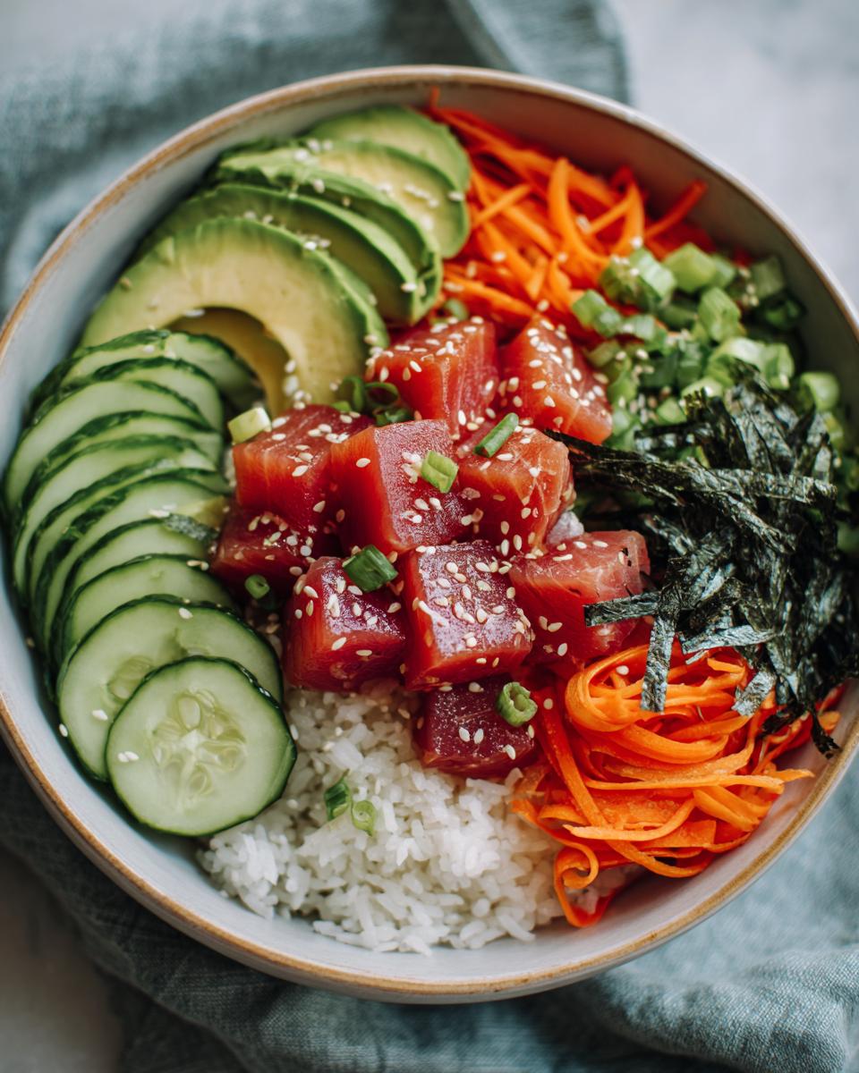 A vibrant Tuna Poke Bowl filled with cubed raw tuna, rice, sliced avocado, cucumber, shredded carrots, and seaweed.