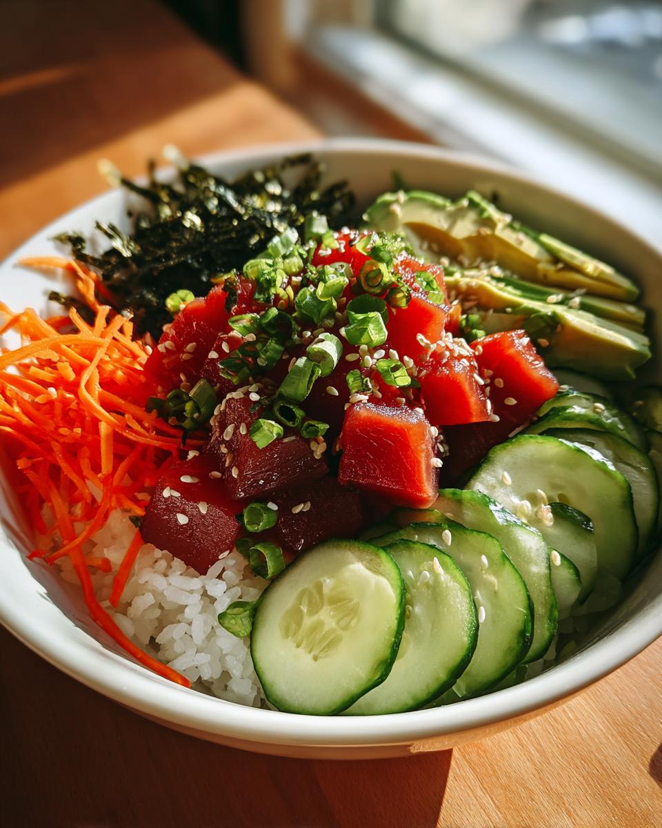 A vibrant Tuna Poke Bowl filled with cubed raw tuna, white rice, shredded carrots, sliced avocado, cucumber, and seaweed, topped with sesame seeds and scallions.