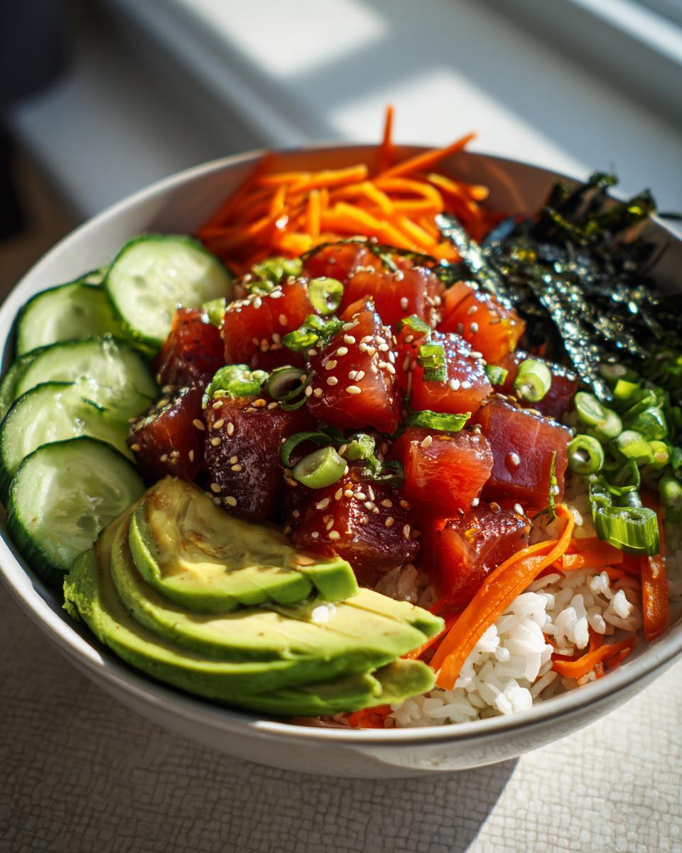 A vibrant Tuna Poke Bowl featuring fresh tuna cubes, sliced avocado, cucumber, shredded carrots, and nori on a bed of rice.