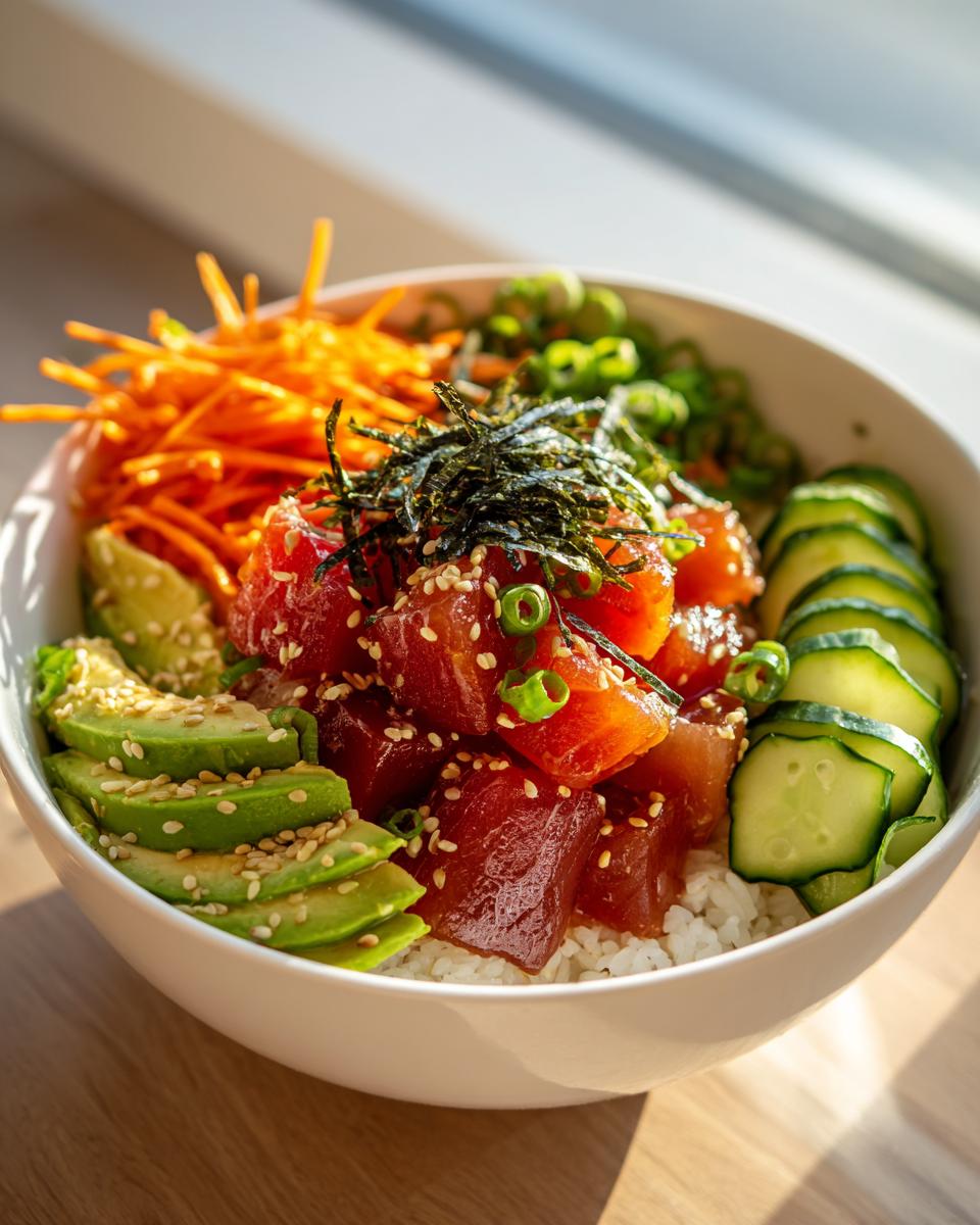 A vibrant Tuna Poke Bowl with fresh tuna cubes, avocado slices, cucumber, shredded carrots, and nori.