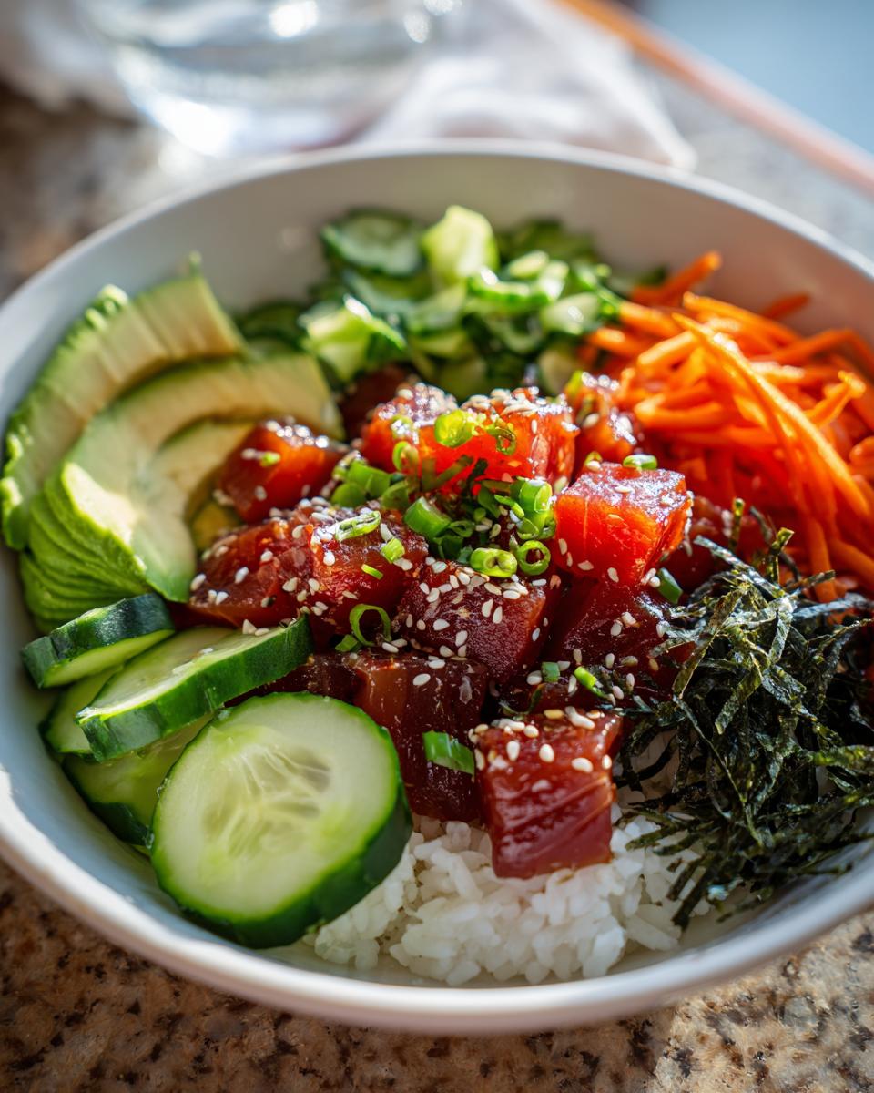 A vibrant Tuna Poke Bowl featuring marinated tuna cubes, sliced avocado, cucumber, shredded carrots, and nori seaweed over rice.