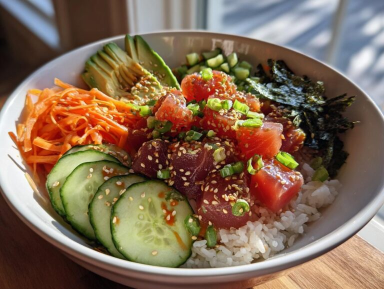 A vibrant Tuna Poke Bowl with fresh tuna cubes, rice, avocado slices, shredded carrots, cucumber slices, and seaweed.