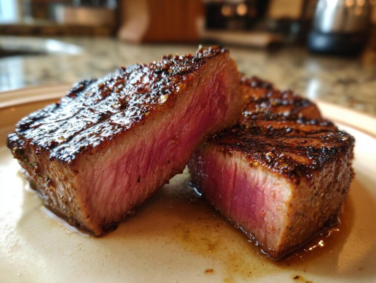 Close-up of a perfectly cooked tuna steak, sliced to reveal a vibrant pink interior and a flavorful crust.