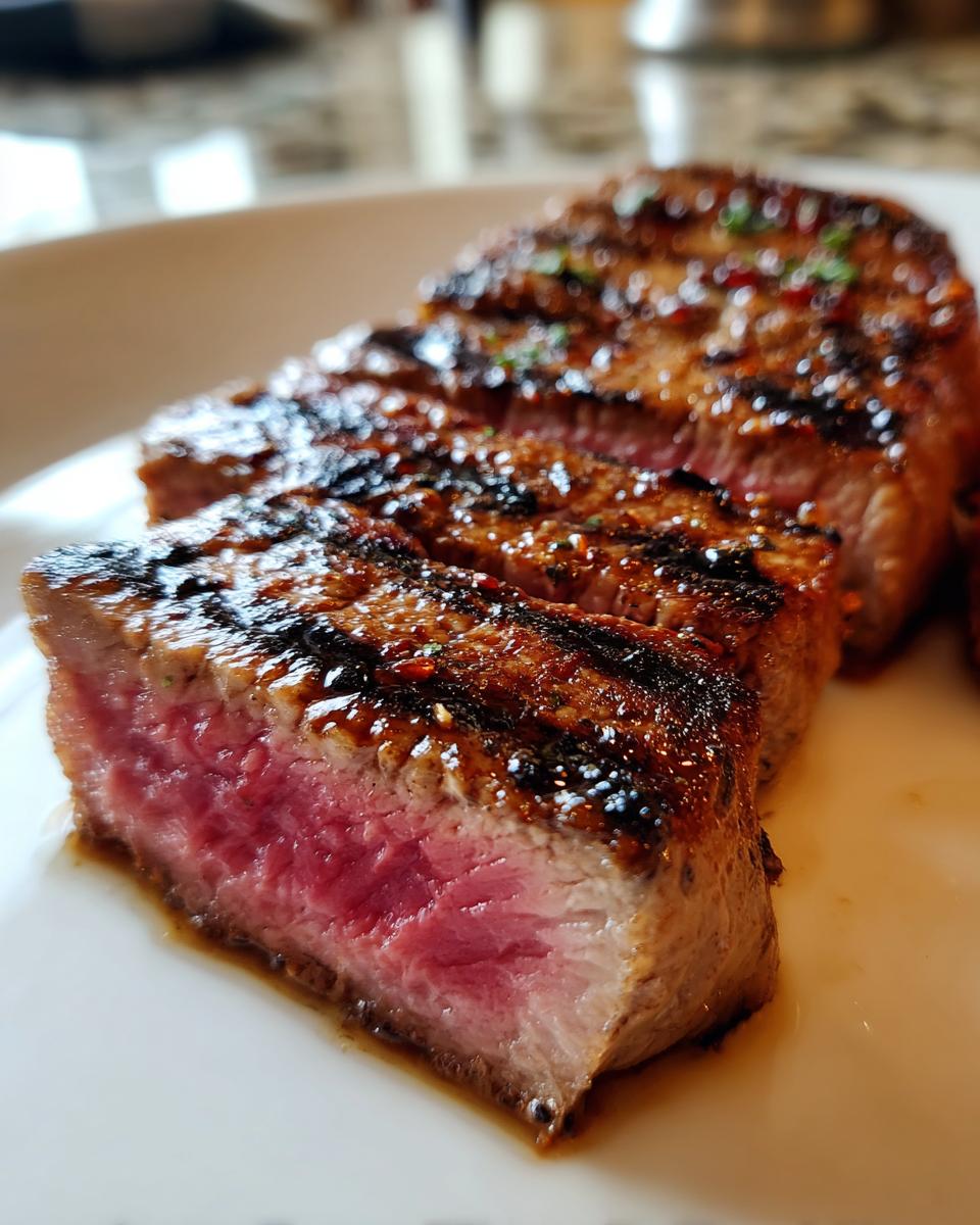 Close-up of a perfectly grilled tuna steak, sliced to reveal a vibrant pink interior and coated in a glistening marinade.
