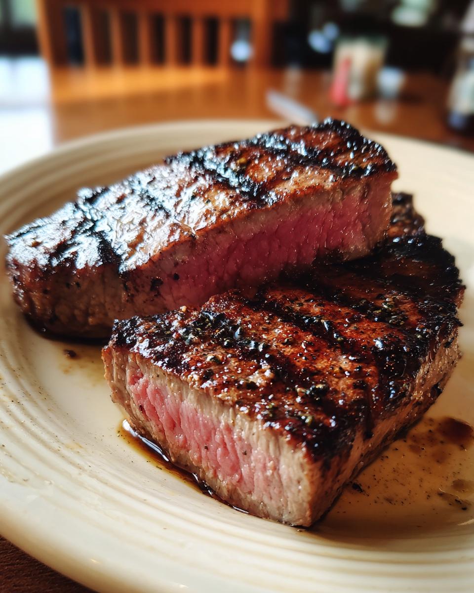 Close-up of two perfectly grilled tuna steaks, showcasing a beautiful sear and pink, juicy interior, with a flavorful marinade.
