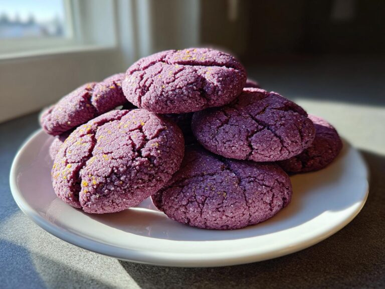 A pile of soft, purple Ube cookies with a cracked surface, lightly dusted with sugar.
