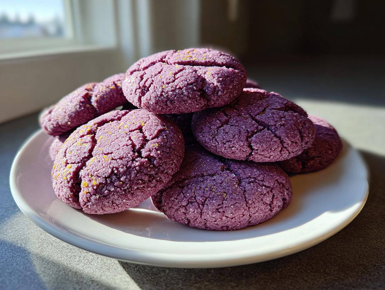 A pile of soft, purple Ube cookies with a cracked surface, lightly dusted with sugar.