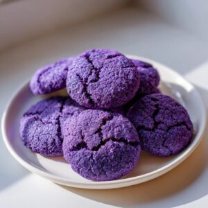 A pile of vibrant purple Ube cookies with a cracked surface on a white plate.