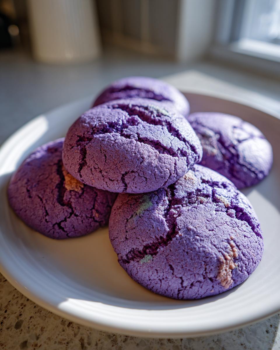 A pile of soft, purple Ube cookies on a white plate, with sunlight hitting them.