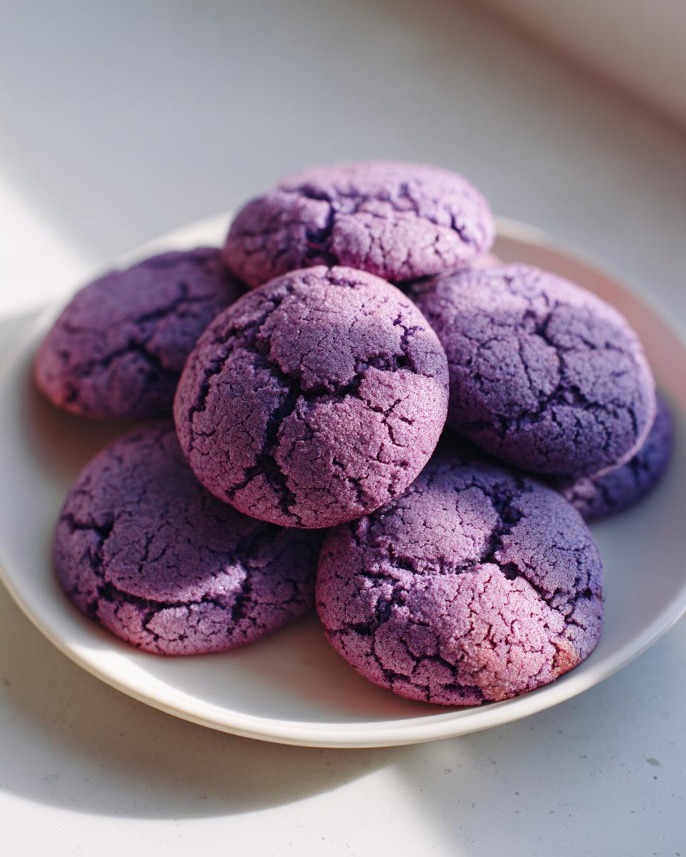 A pile of soft, purple Ube cookies with a cracked surface on a white plate.