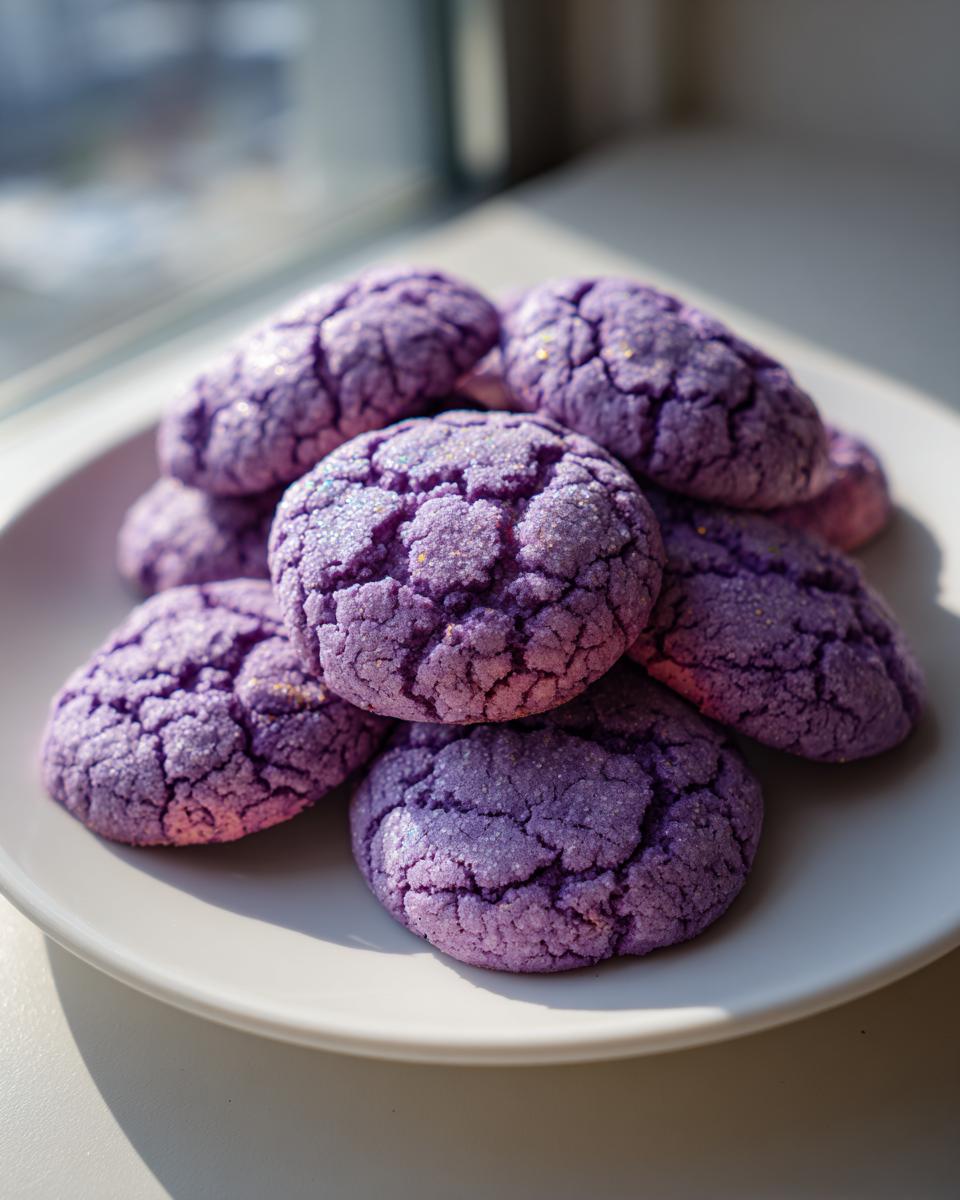 A pile of soft, purple ube cookies with a cracked surface and sparkling sugar.