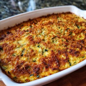 A close-up of a baked Zucchini and Squash Casserole in a white dish, with a golden-brown, crispy breadcrumb topping.