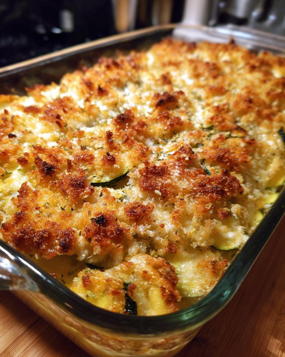 Close-up of a baked Zucchini and Squash Casserole with a golden-brown breadcrumb topping.