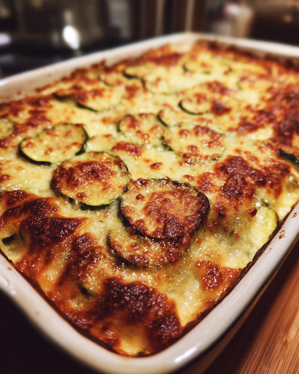 A close-up, angled view of a freshly baked Zucchini and Squash Casserole in a white baking dish, showing golden-brown melted cheese and tender zucchini slices.