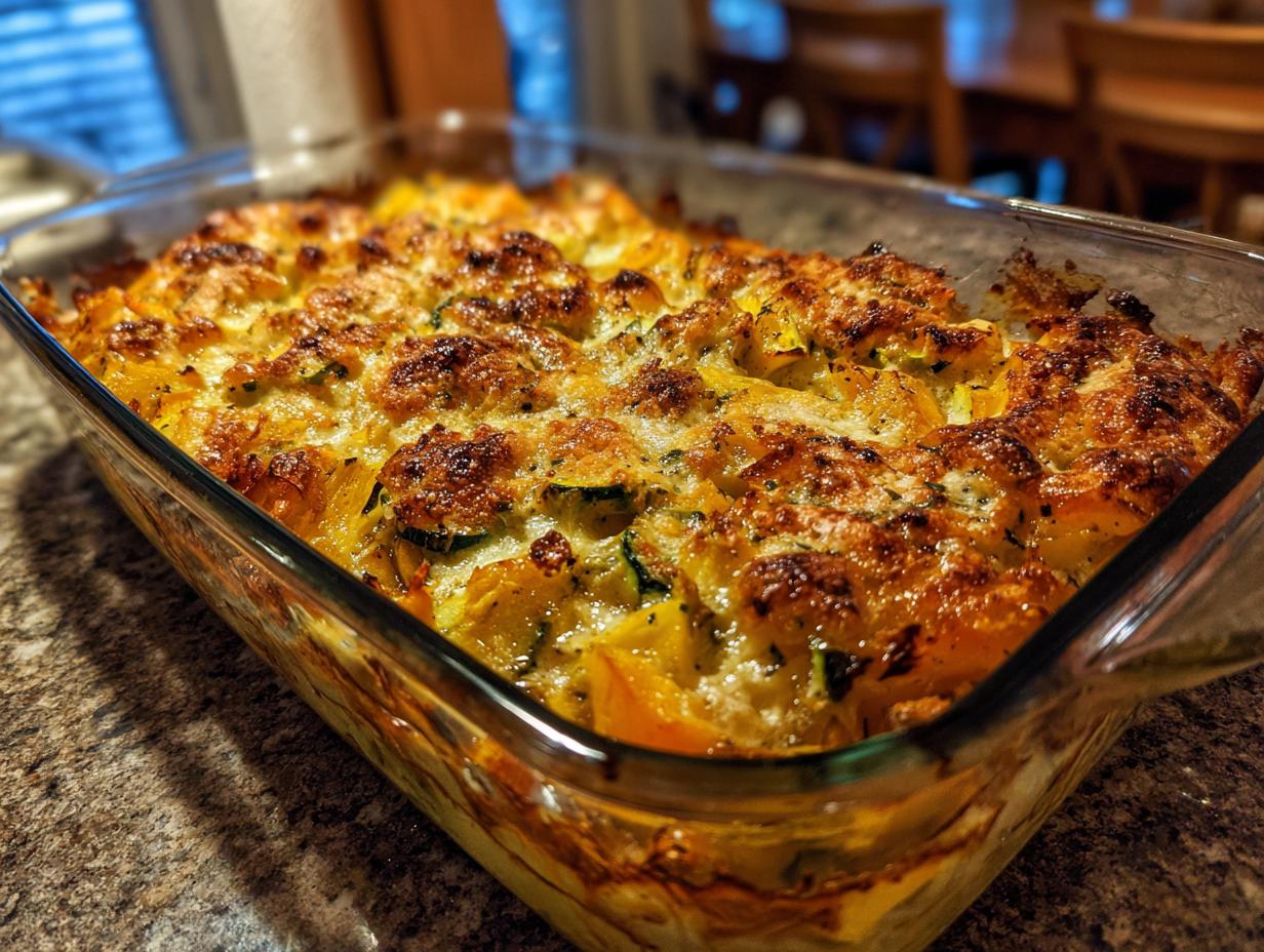 A golden brown, bubbly Zucchini and Squash Casserole baked in a glass dish, with visible zucchini slices and melted cheese.