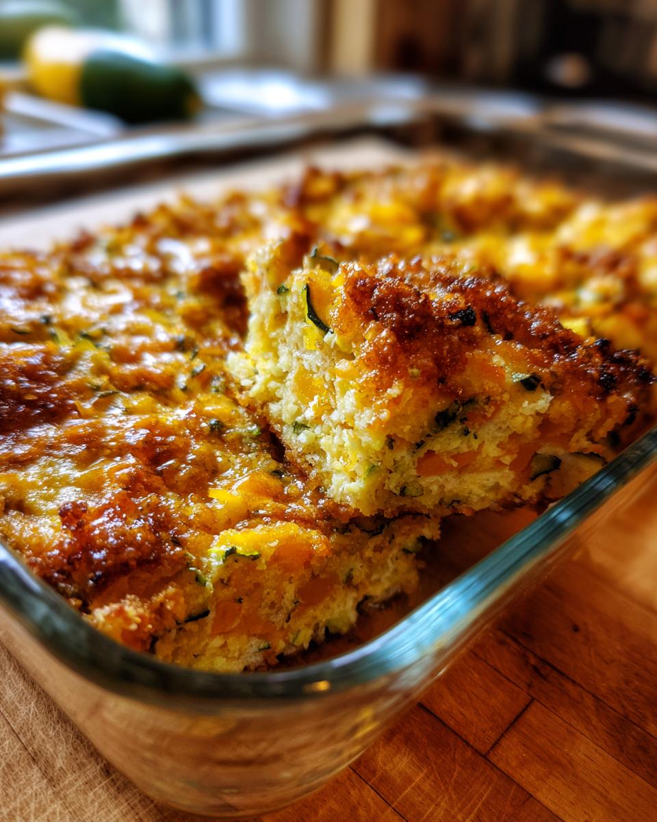 A close-up of a slice of zucchini and squash casserole in a glass baking dish, showing the texture and golden-brown topping.