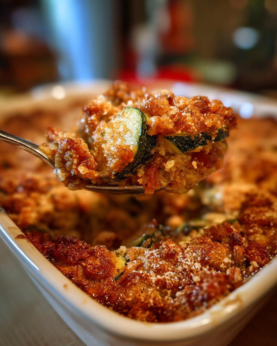 A spoonful of delicious Zucchini and Squash Casserole with a golden, crumbly topping.