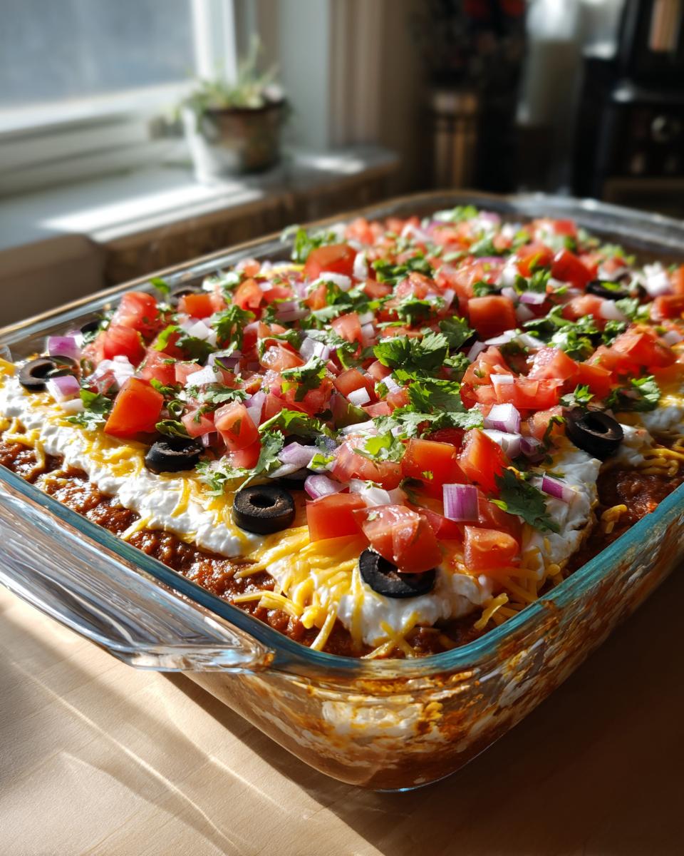 A close-up of a freshly made 7 layer dip in a glass baking dish, topped with tomatoes, onions, olives, and cilantro.