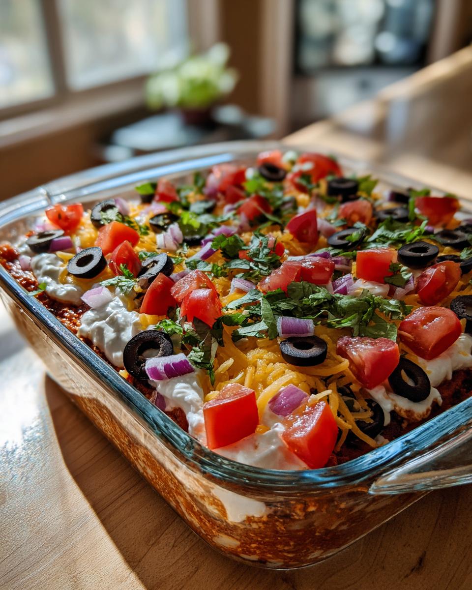 A visually appealing 7 layer dip in a glass dish, topped with tomatoes, olives, red onion, cilantro, and cheese.