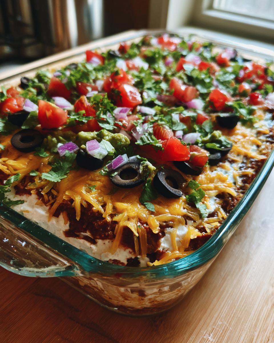 A close-up of a glass dish filled with a vibrant 7 layer dip, topped with cheese, olives, tomatoes, and cilantro.
