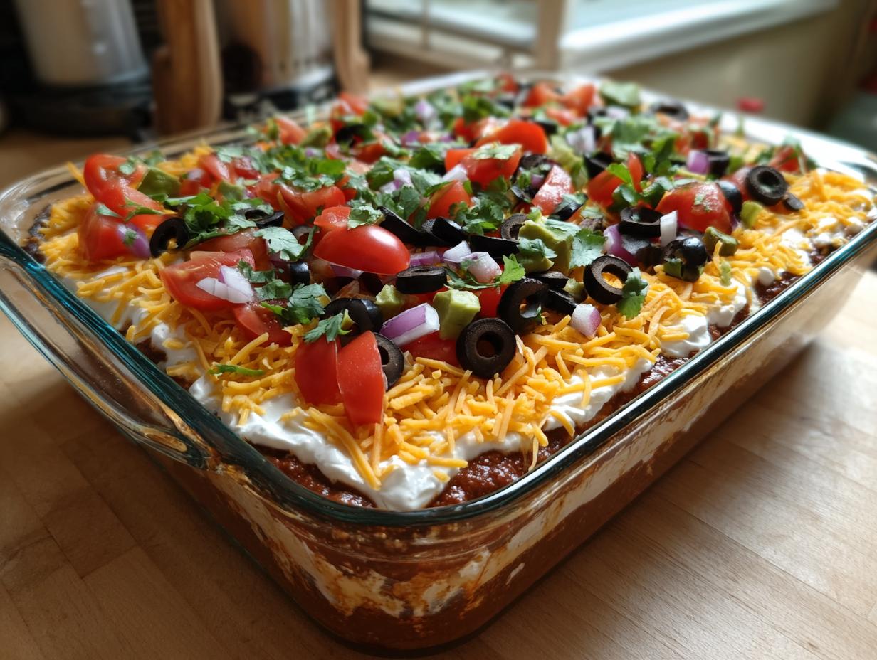 A close-up view of a freshly made 7 layer dip in a glass baking dish, topped with tomatoes, olives, and cheese.